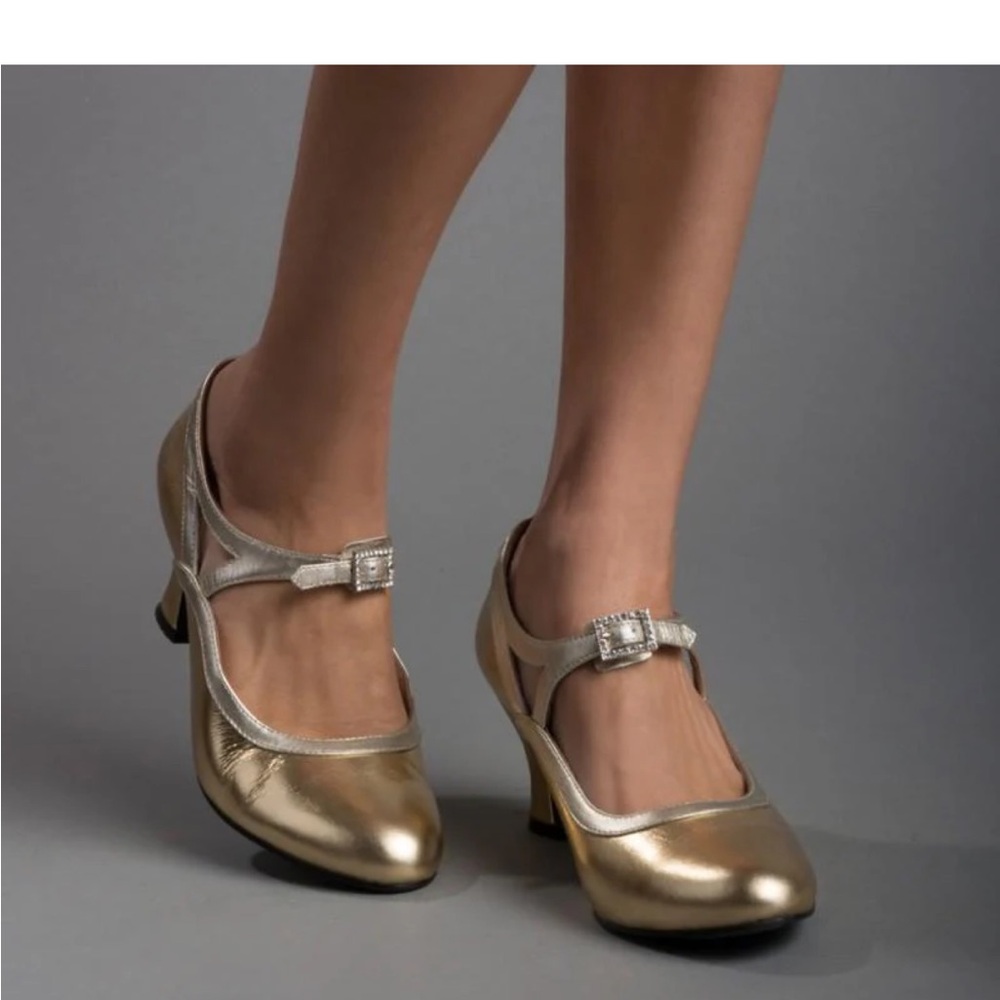Gold Chunky Heel Mary Jane Shoes